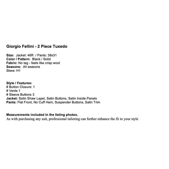 Giorgio Fellini Mens 46R 38x31 Black Tuxedo 2-Piece Set Tux Black Tie - Picture 2 of 16